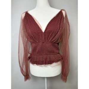Anthropologie Top Womens M Lace Tulle Romanic Smocked V Neck Red Wine Fem Whimsi